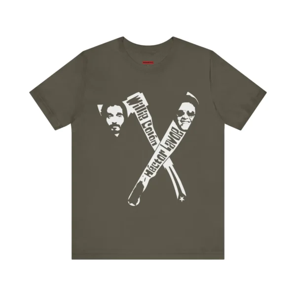 Tshirt army con un hacha y machete, con las caras de Willie Colon y Hector Lavoe y la bandera y el mapa de Puerto Rico.