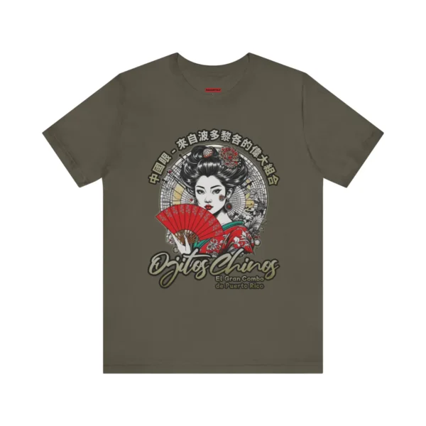 Tshirt army de mujer china tradicional, con el texto, en español y mandarín, Ojos Chinos El Gran Combo de Puerto Rico.