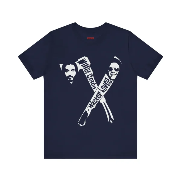 Tshirt azul con un hacha y machete, con las caras de Willie Colon y Hector Lavoe y la bandera y el mapa de Puerto Rico.