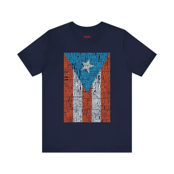 Tshirt azul con los nombres de los salseros boricuas y orquestas de salsa de Puerto Rico conformando la bandera de Puerto Rico.