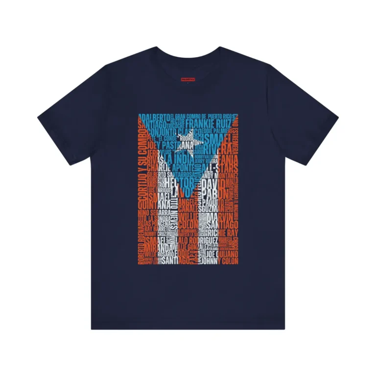 Tshirt azul con los nombres de los salseros boricuas y orquestas de salsa de Puerto Rico conformando la bandera de Puerto Rico.