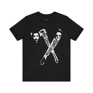 Tshirt negro con un hacha y machete, con las caras de Willie Colon y Hector Lavoe y la bandera y el mapa de Puerto Rico.