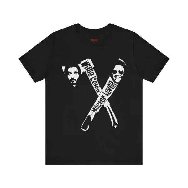 Tshirt negro con un hacha y machete, con las caras de Willie Colon y Hector Lavoe y la bandera y el mapa de Puerto Rico.