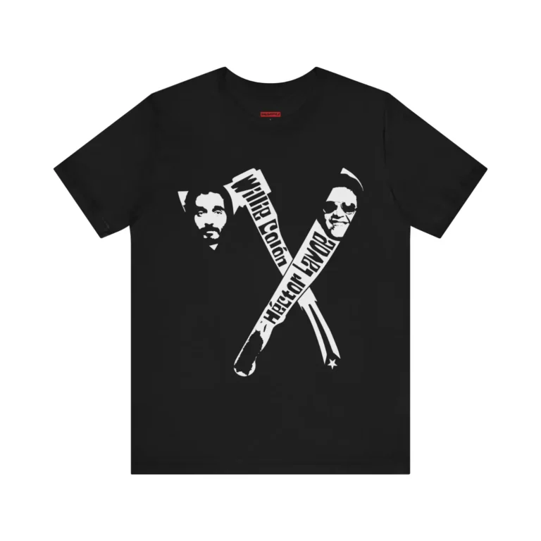 Tshirt negro con un hacha y machete, con las caras de Willie Colon y Hector Lavoe y la bandera y el mapa de Puerto Rico.