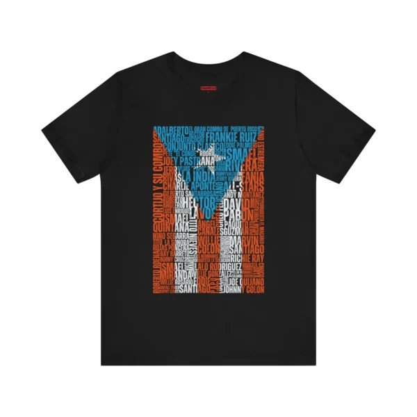 Tshirt negro con los nombres de los salseros boricuas y orquestas de salsa de Puerto Rico conformando la bandera de Puerto Rico.