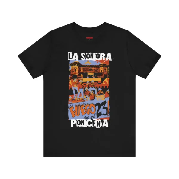 Tshirt negro con diseño colorido de la carátula del clásico de la salsa Fuego en el 23, de la Sonora Ponceña.