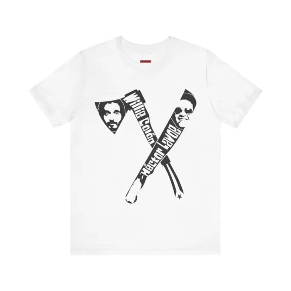 Tshirt blanco con un hacha y machete, con las caras de Willie Colon y Hector Lavoe y la bandera y el mapa de Puerto Rico.